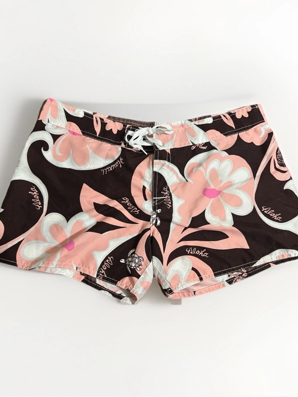 Y2K 90’s Floral Hibiscus Board Swim Shorts in Pink & Brown